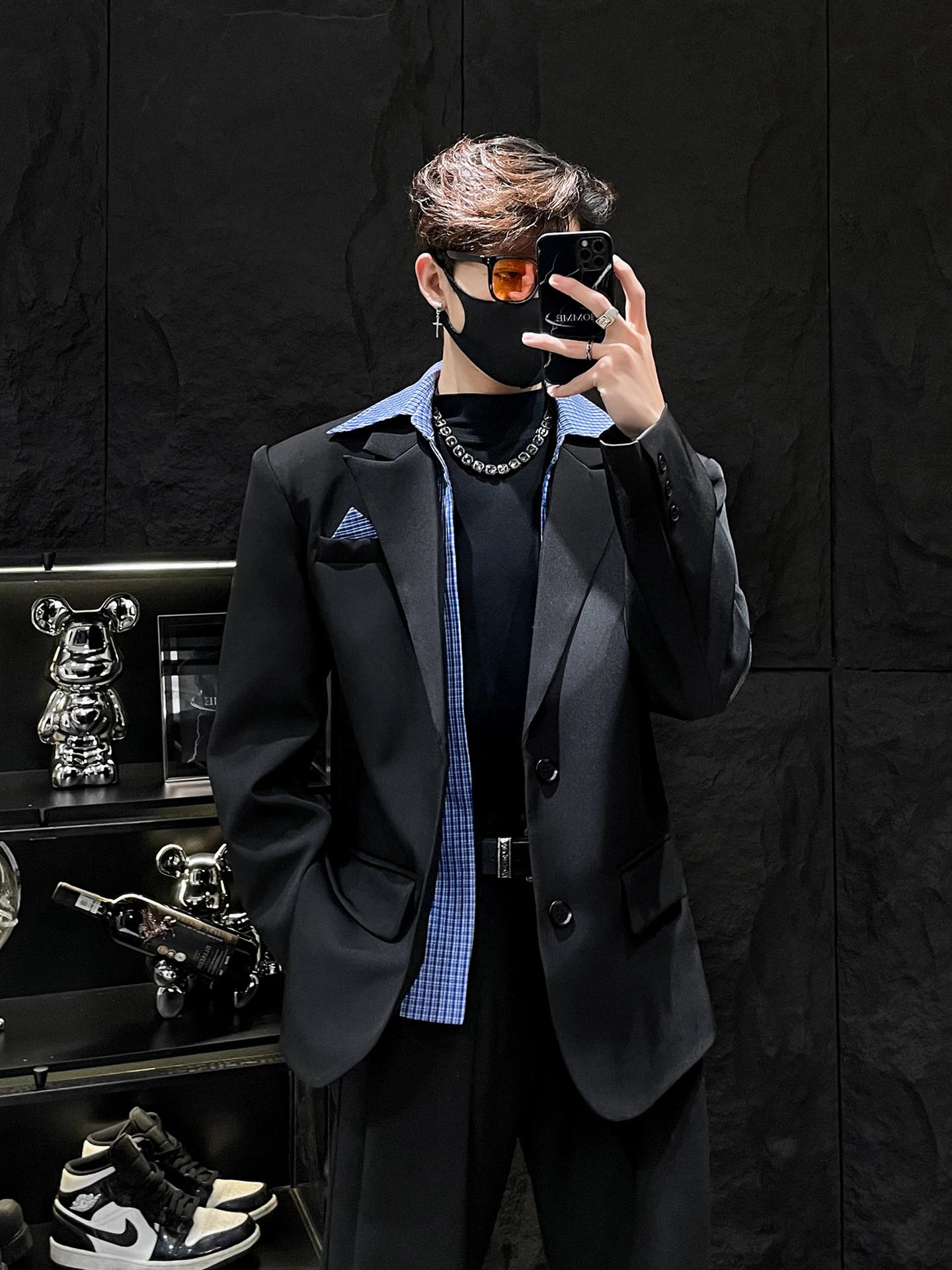 

HOMME New Casual Sle irt Collar Suit Jaet Men Loose Fit Premium Feeling Fake Two-Piece Pants Chinese Brand Spring Autumn