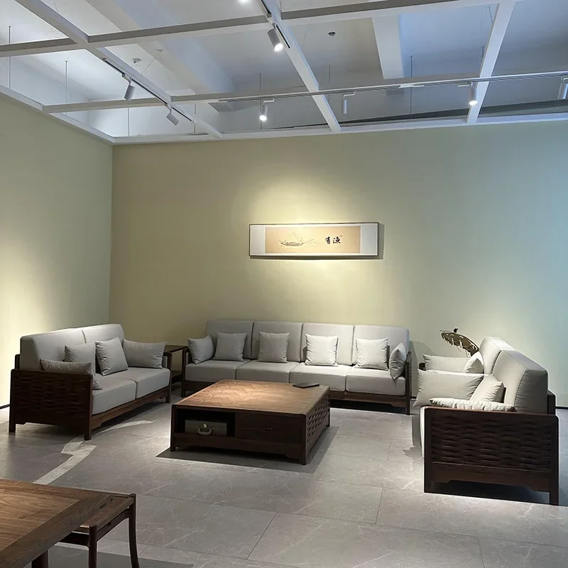 أريكة صينية جديدة أمريكا الشمالية الجوز الأسود زن غرفة المعيشة 123 مجموعة فيلا شقة كبيرة أثاث من الخشب الصلب والجلود #4