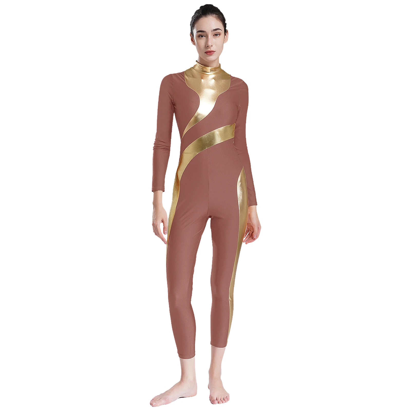 

Womens Ballet Dance Leotard Long Sleeve Mock NeckMetallic Patchwork Jumpsuit Figure Skating Gymnastics Stage Performance Costume