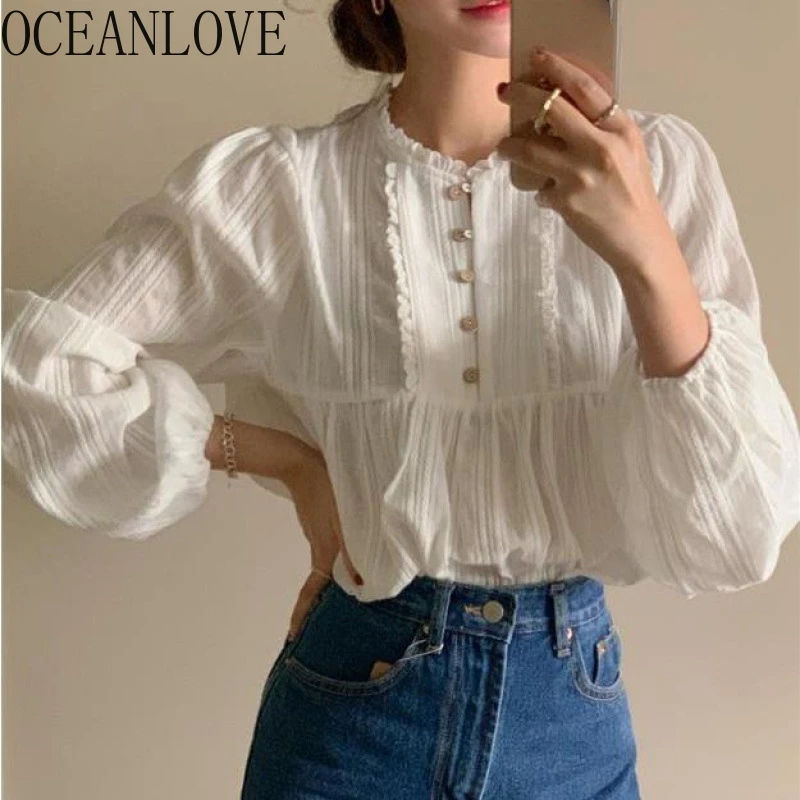 OCEANLOVE Spring Autumn Women Shirts&blouses Solid Korean Fashion Chic Sweet Blusas Mujer Ruffles Elegant Basics Camisas