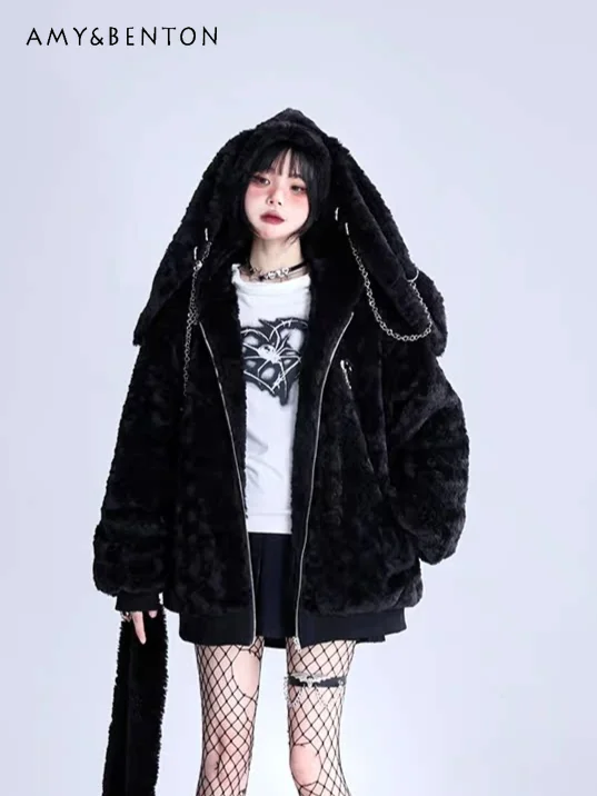 Sweet Cool Girl Black Lamb Fur Rabbit Ears Chain Pendant Hooded Fur Coat Women Autumn Winter Thickened Velvet Y2K Zipper Jacket