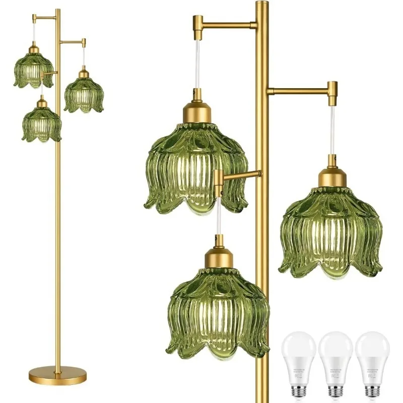 

Винтажный золотой торшер, современный торшер середины века с деревом и зеленым цветочным абажуром, торшер в стиле бохо для фермерского дома для гостиной