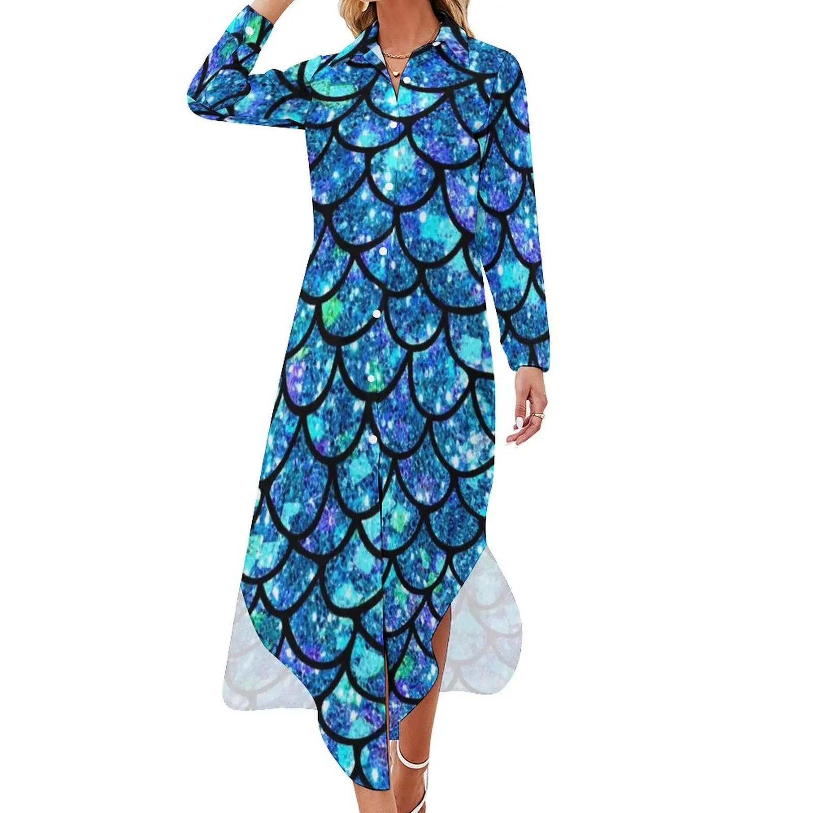 

Magical Sparkly Mermaid Scales Long Sleeved Shirt Dress Long dresses summer dresses women 2024