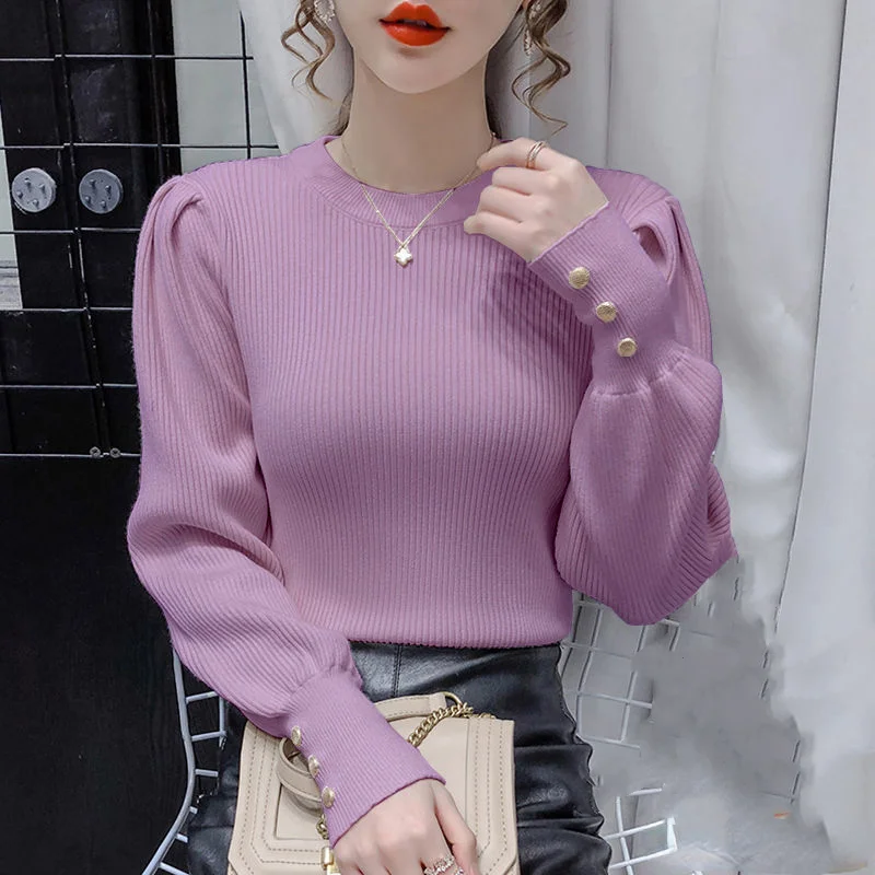 Women\'s Round Neck Puff Sleeve Knitted Pullovers, Button Sweaters, Bottoming Shirt, Korean Top, Elegant Fashion, Spring, Autumn