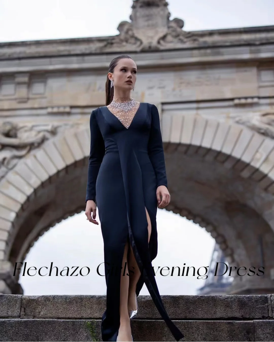 فساتين سهرة سوداء للنساء ، خرزات برقبة عالية ، أكمام كاملة كريستالية ، فستان حفلات مثير بفتحة #5