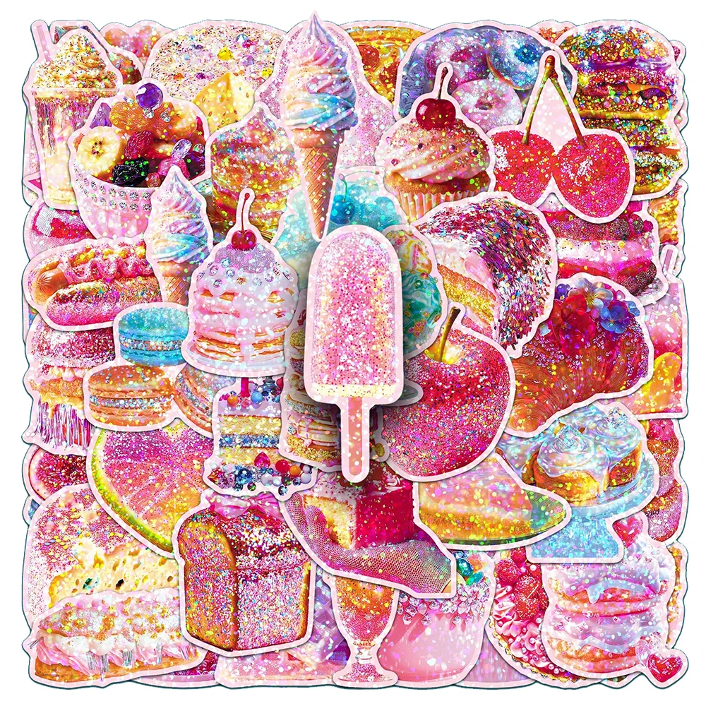 10/30/50pcs Cute Laser Style Dessert Stickers Aesthetic Cake Graffiti Stickers DIY Luggage Phone Diary Cartoon Sticker Wholesale