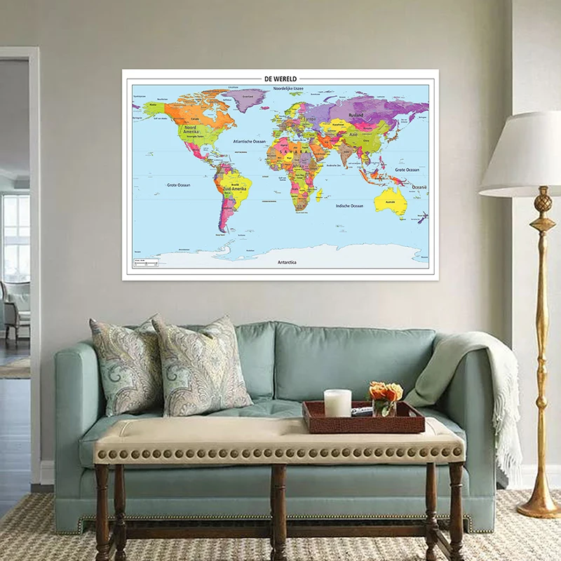 Affiche détaillée de la carte du monde en néerlandais, toile Non tissée, tableau mural d'art, décoration de la maison, fournitures scolaires, 150x100cm