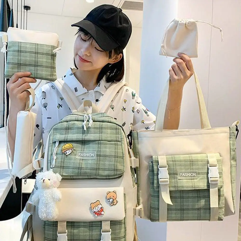 5Pcs/Set Large Capacity Cute Plaid Backpack Y2K Korean Style Cartoon Shoulder Bag Adjustable Straps Commute Student School Bag