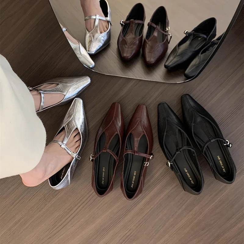 

Серебристые туфли Мэри Джейн с острым носком, женские, весна-осень, новые, в стиле ретро, для вечерних выходов и повседневной носки, на тонком каблуке, из кожи.