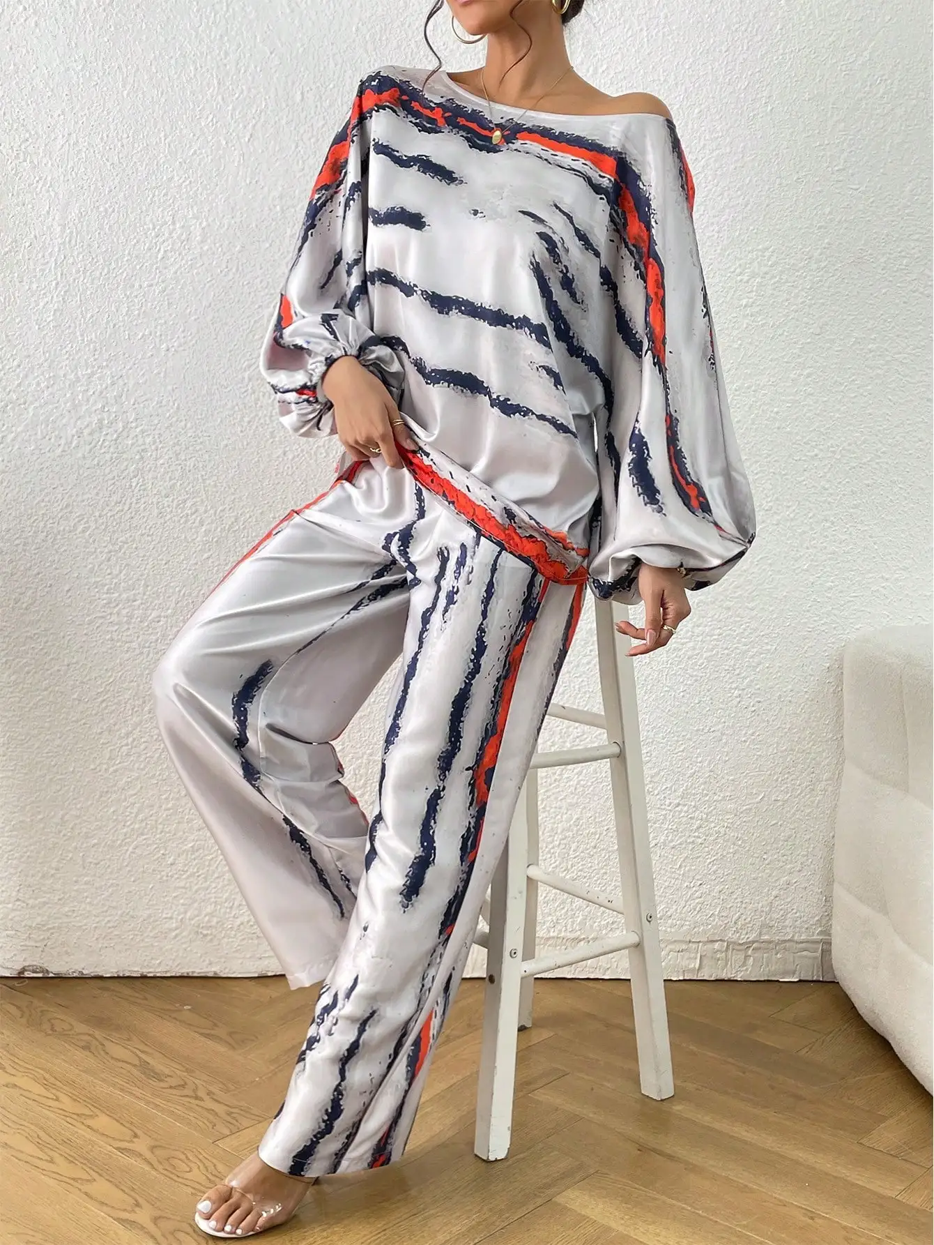 Print Two Piece Set Women Oversized Blouses Tops Lantern Sleeve High Waist Pants Streetwear