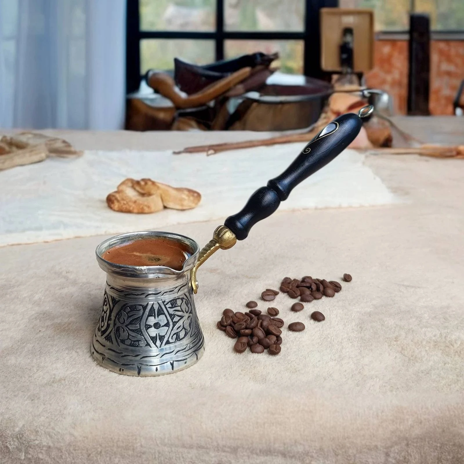 Hand-Engraved Coffee Pot Etched Floral Copper Coffee Pot Cookware Flared Rim Home Utensil Handmade