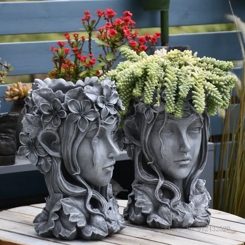 

1pc European Garden Decoration Courtyard Balcony Layout Creativity Grey Goddess Shaped Flower Pot Sculpture Head Decoration Pot