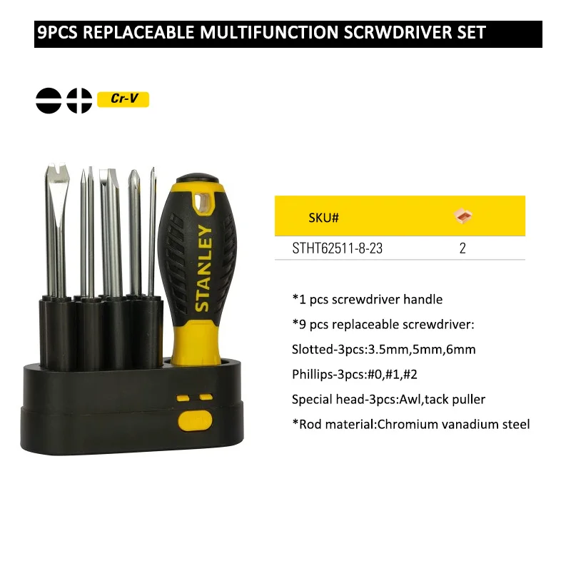 Stanley 9-way home screwdriver set slotted phillips brad awl tack puller repair DIY household magnetic screwdriver kit w/ holder