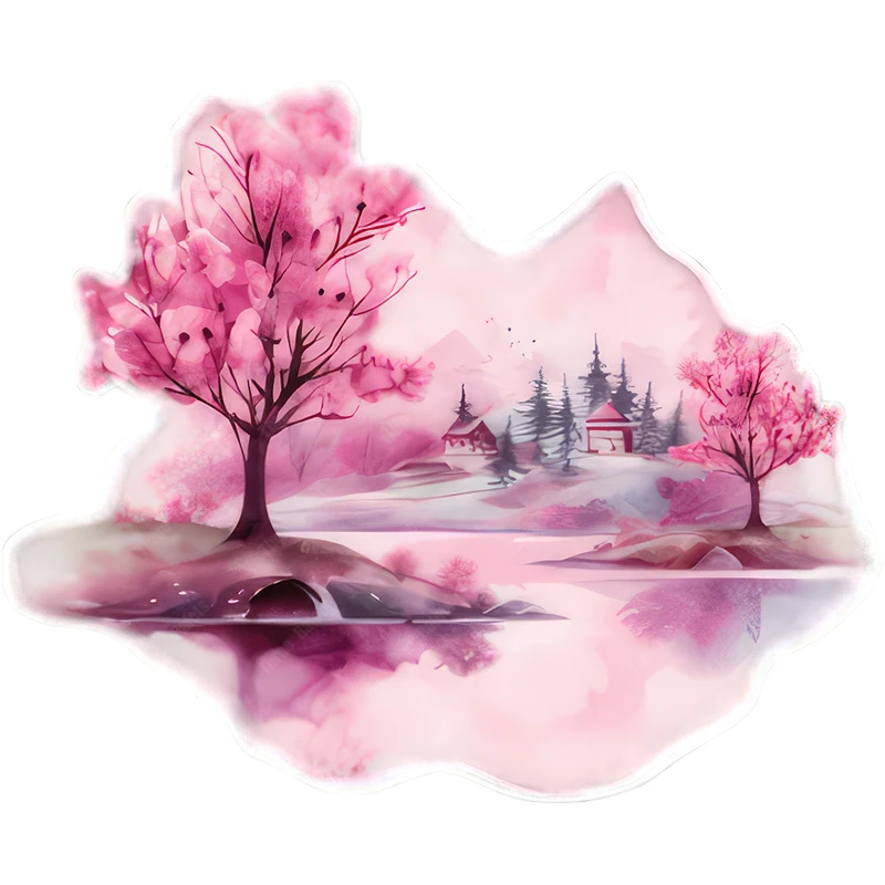 Three Ratels Fantasy pink cherry blossom watercolor landscape art wall sticker PVC waterproof self-adhesive