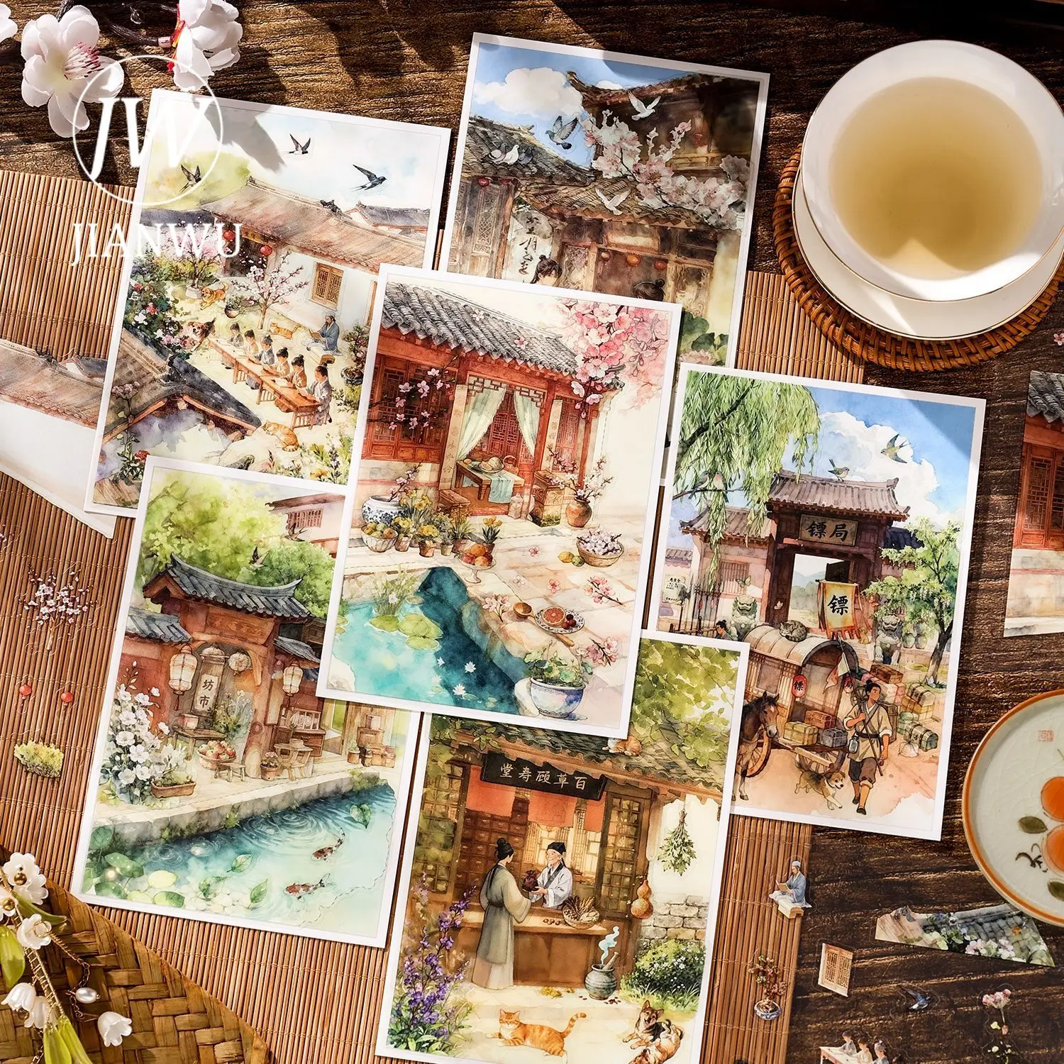 JIANWU Jiuqu Wind Series Vintage Town House Character Landscape Material Collage PET Sticker Creative DIY Journal Stationery