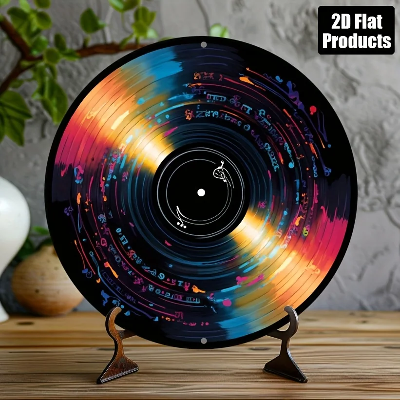 Aluminum Metal Round Wall Art, Vinyl Record Theme Home Bar Kitchen Coffee Shop Office Decoration, 20.32cm Flat Metal Plate