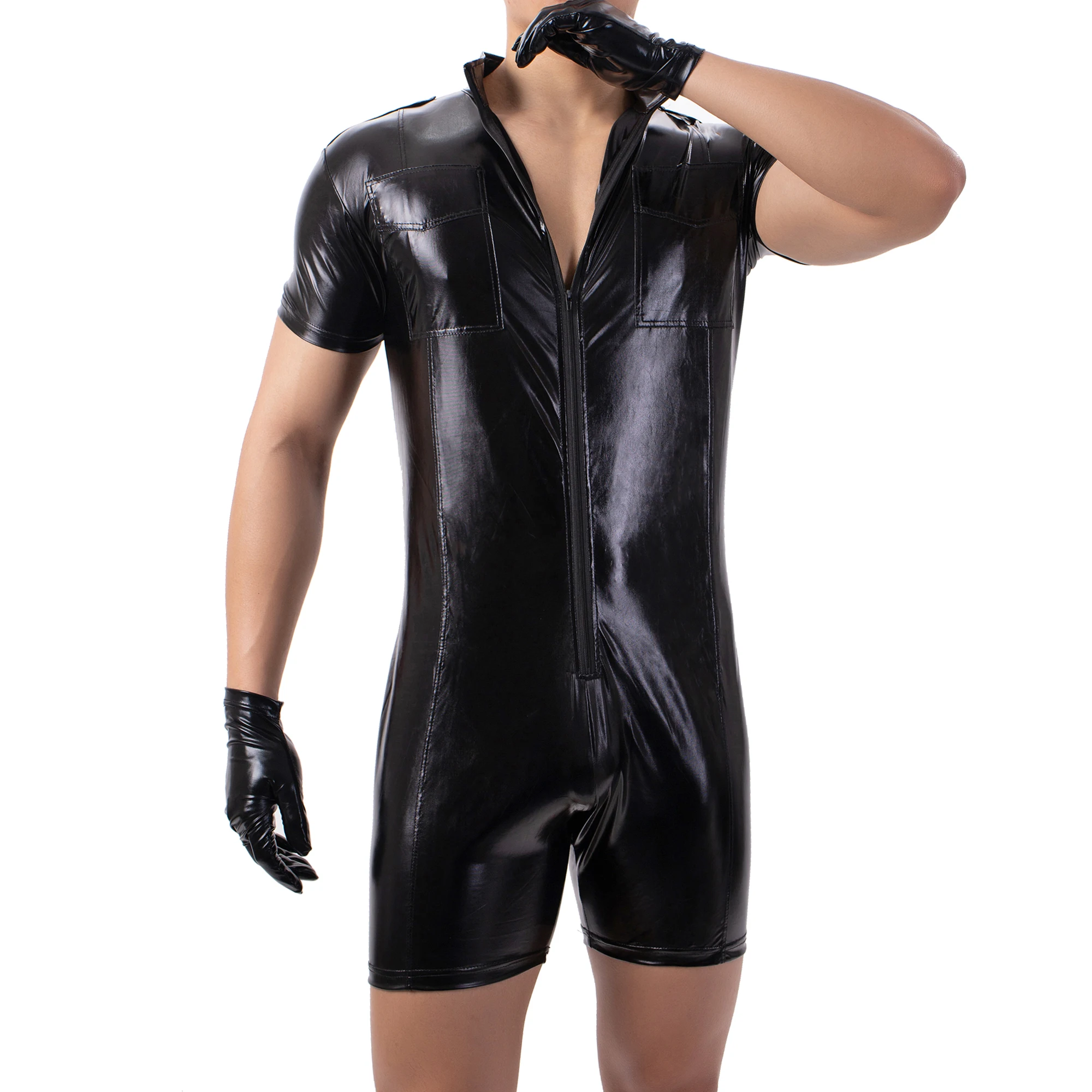 Mens Latex Catsuit Zipper Short Sleeve Leotard Wrestling Singlet Men Jumpsuit Sexy Wet-look Dance Clubwear Faux Leather Bodysuit