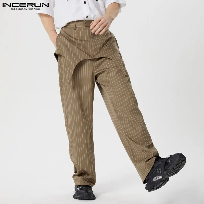 

INCERUN 2024 Korean Style Trousers Men's Fashion Fake Two-piece Striped Straight Leg Pant Casual Streetwear Male Pantalons S-5XL