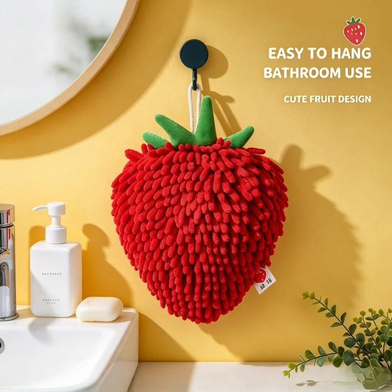 1pc Fruit Shape Banana Strawberry Hanging Towel Chenille Soft Quick Absorbent Hand Towel for Kitchen Bathroom Decoration