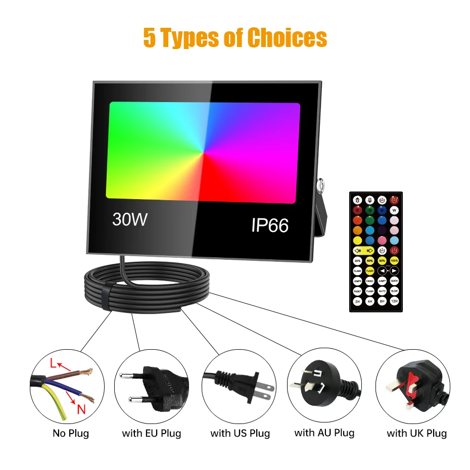 Outdoor LED Floodlight RGB+WW with IR Remote Control 30W/50W/80W IP66 Waterproof Garden Street Light 16 Colors to Choose