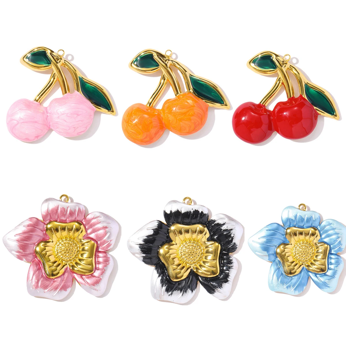 

3pcs/Lot Stainless Steel Enamel Flower Necklace Pendant Cherry DIY Earring Charms Woman Fashion Jewelry