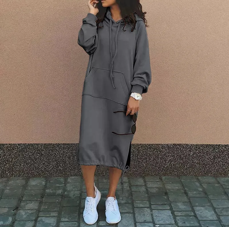 Damen locker geschnittenes, lässiges, mehrfarbiges Hoodie-Kleid mit langen Ärmeln, Kordelzug, Tasche und seitlichem Schlitz für den Alltag und zum Entspannen. – Detail 9