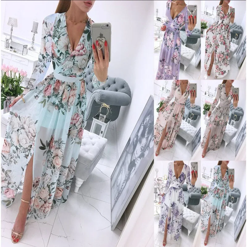 2024 Independent station wish Express new summer long-sleeved V-neck chiffon print Bohemian dress women