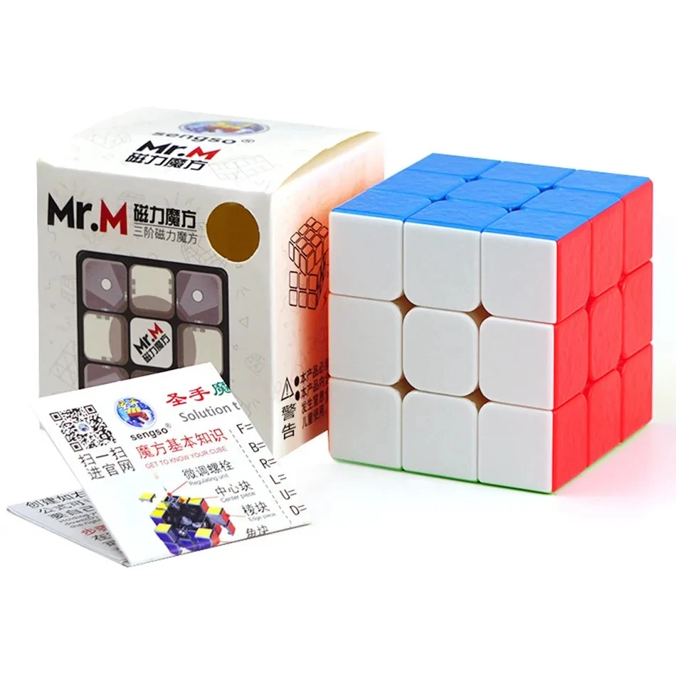 Sengso mr. m 3x3 cubo mágico magnético sem adesivo, cor preta, para crianças
