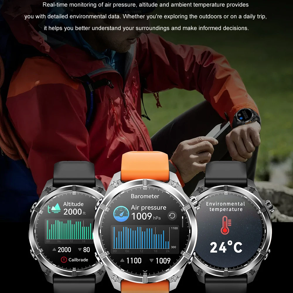 1.43" AMOLED Screen Men Outdoor Atmospheric Pressure Altitude Waterproof Smart Watches Blue Tooth Call Sports SOS Smartwatch