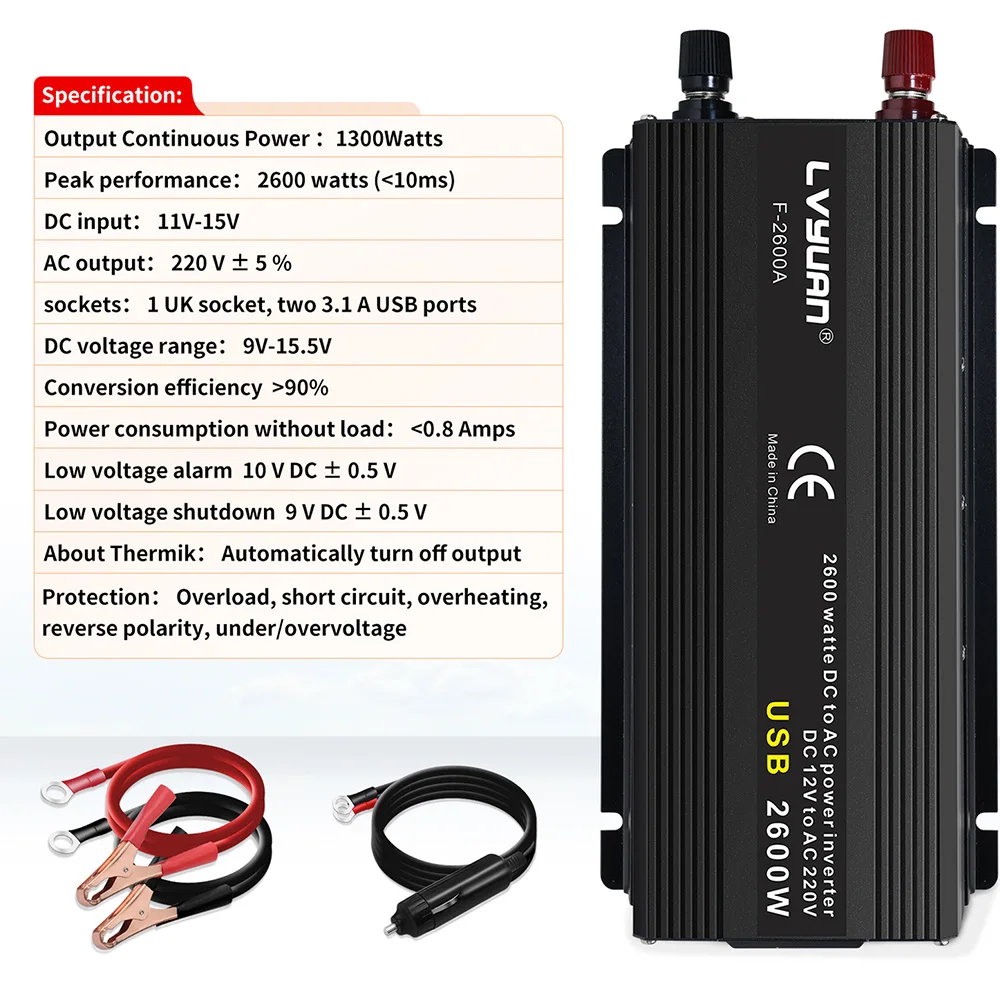 Onduleur 12V/24V à 220V, 1500W/2000W/2600W, convertisseur de puissance à onde sinusoïdale modifiée 50Hz/60Hz, 2 prises universelles USB, pour voiture