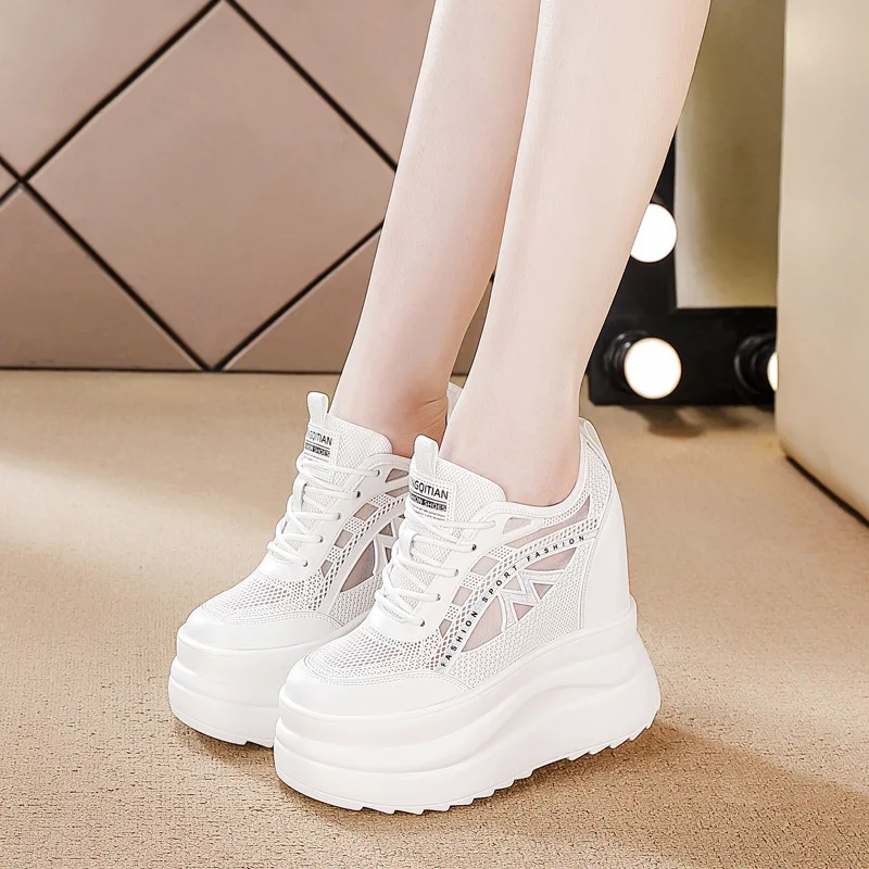 13CM Spring and Summer Women's Shoes New Thick Sole Inner Height White Shoes Women's Fashion Casual Sports Breathable Mesh Shoes image 2