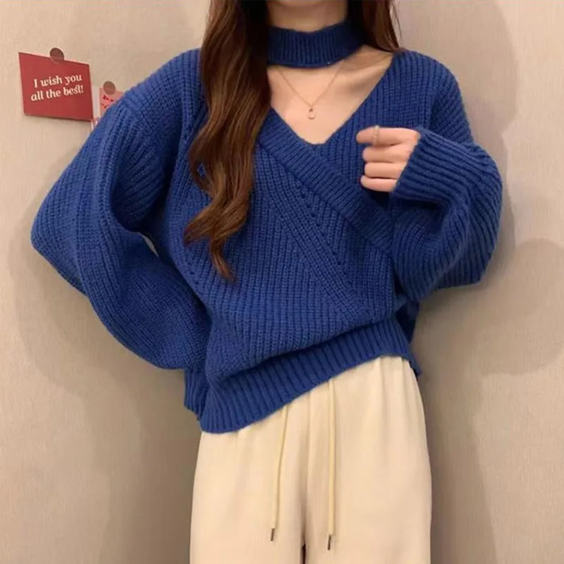 Autumn Sexy Pullovers V-neck Puff Sleeve Knit Cropped Sweaters Long Sleeved Lady Warm Off Shoulder Turtleneck Slim Jumper