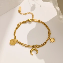 316L Stainless Steel Vintage Star Moon The Sun Pendant 2-Layer Charms Chain Bracelets For Women Fashion Fine Jewelry Gifts