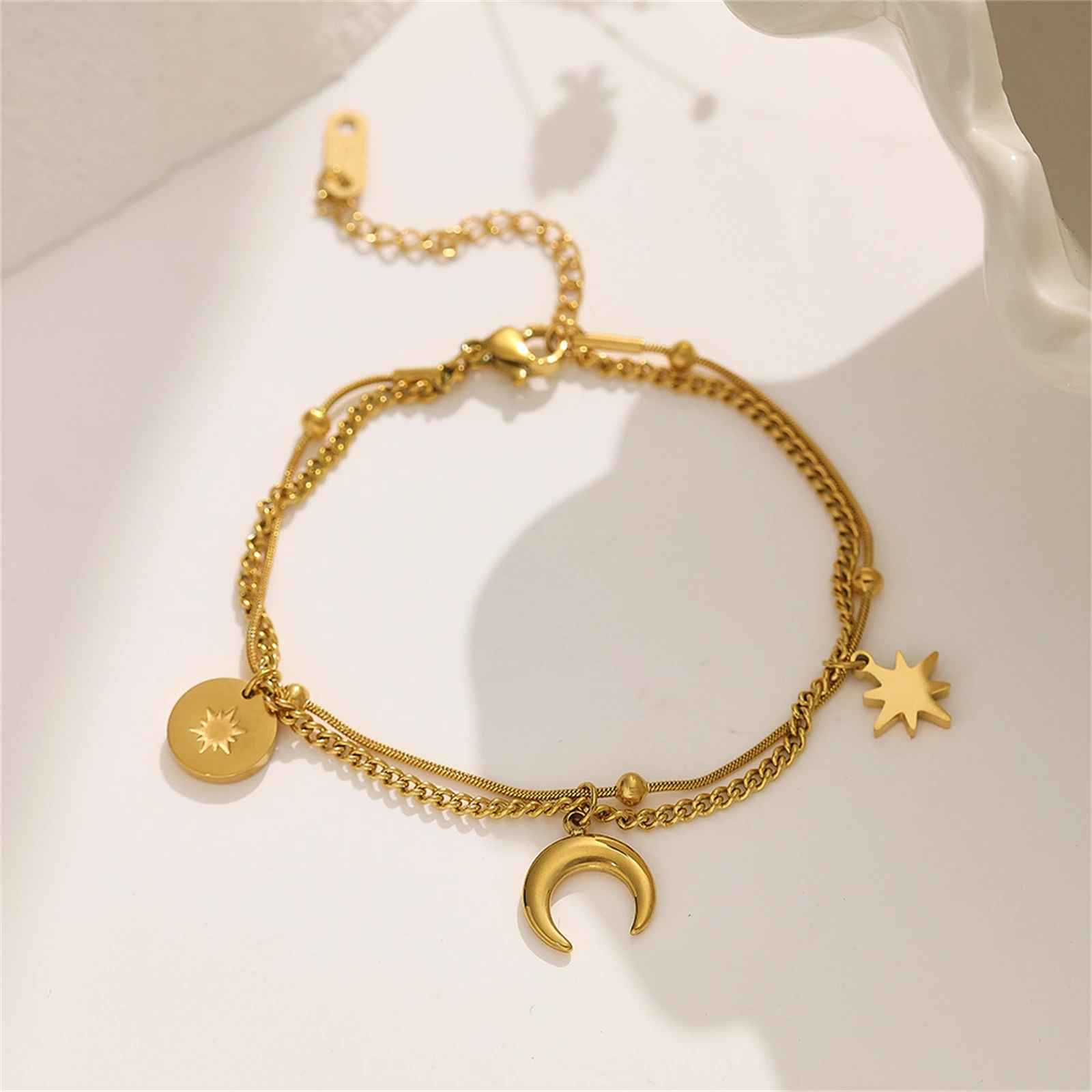 316L Stainless Steel Vintage Star Moon The Sun Pendant 2-Layer Charms Chain Bracelets For Women Fashion Fine Jewelry Gifts