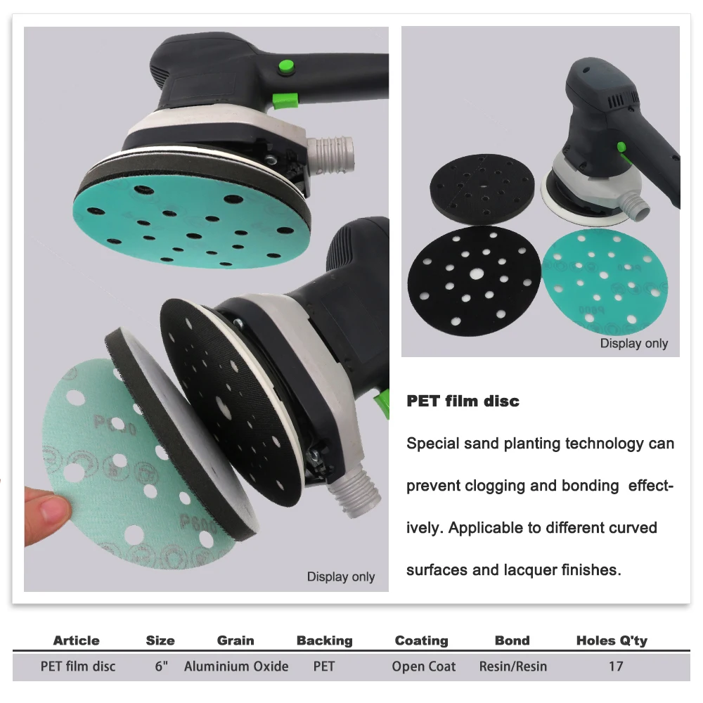 6 дюймов, 150 мм, 17 отверстий, зернистость 60-2000, крючок и петля, ПЭТ-пленка, оксид алюминия, влажная и сухая наждачная бумага, шлифовальный диск