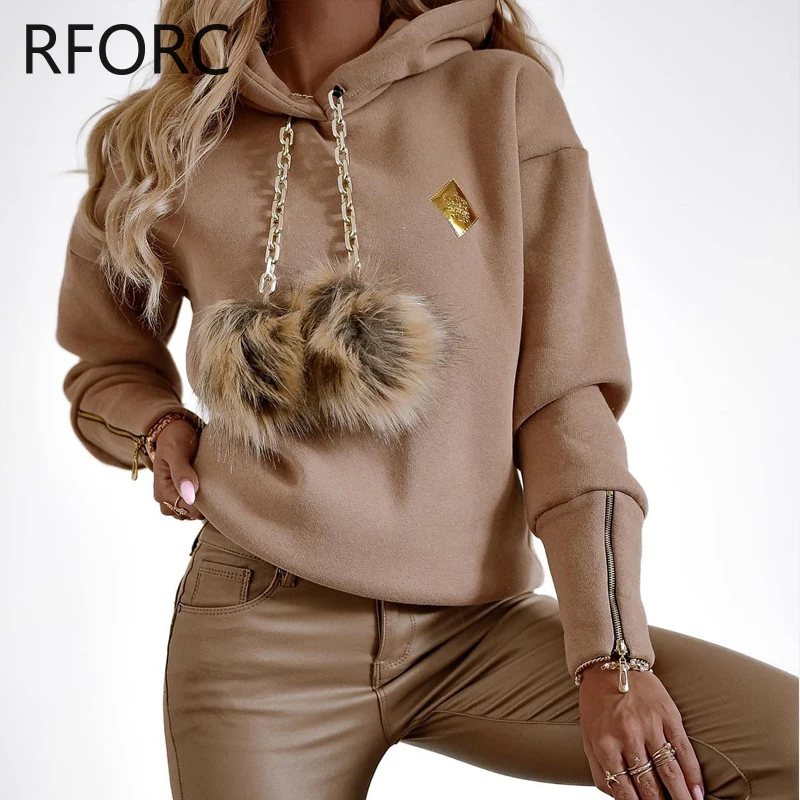 2023 Women Solid Chain Hooded Feathers Solid Sweatshirt Tops