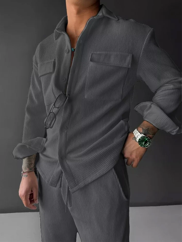 2025 Spring Casual Mens Two Piece Suits Streetwear Men Vintage Solid Color Lapel Corduroy Jacket And Pants Outfits Mens Clothing