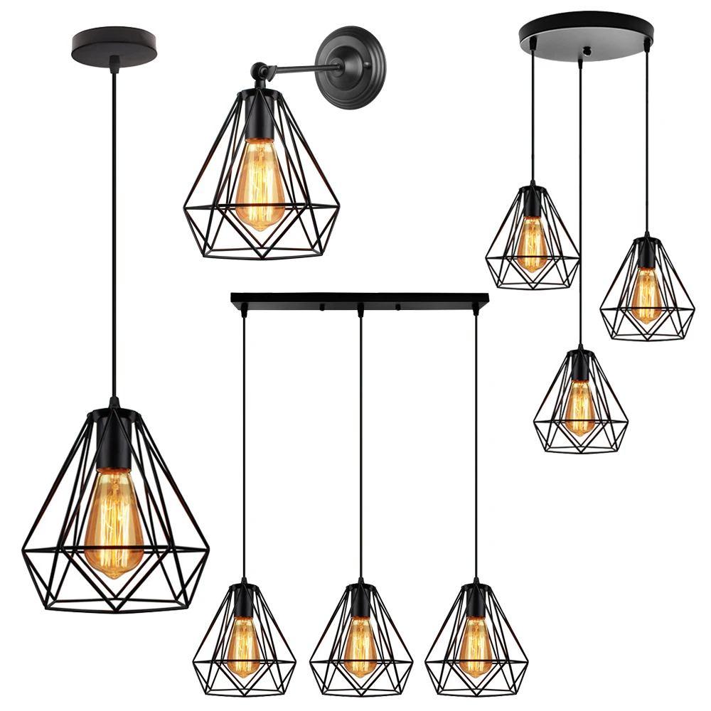 1/3 Heads E27 Pendant light Bar Kitchen Retro Industrial Hanging Lamp Ceiling Chandelier Fixture Cage Modern Loft Home Decor LED