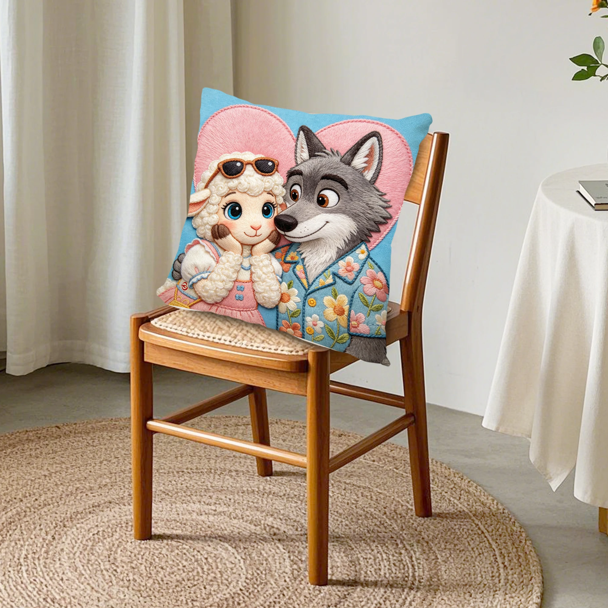 Wolf Sheep Love Couple Cushion Cover Faux Embroidery Linen Pillowcase Whimsical Animal Artwork Couch Sofa Home Decor Bedroom