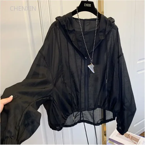 Imagen 1 del producto Chaquetas con capucha para mujer, abrigos con cremallera a prueba de sol de verano, prendas de vestir exteriores finas y holgadas transparentes, prendas de vestir transpirables, ropa ligera negra