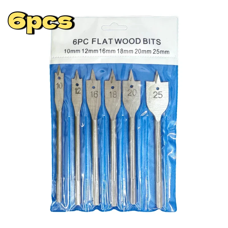 6PC Natural Color Three-Pointed Flat Drill Hexagonal Handle Woodworking Hole Opener Wooden Board Drilling Bit Tool Set