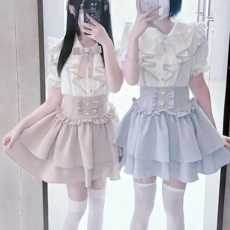 Lizzisa Bow Dresses Y2K Landmine Soft Girl Japan Sweet And Cute Lace Bow Ruffle Half Skirt A-line Medium Waist Short Skirt New