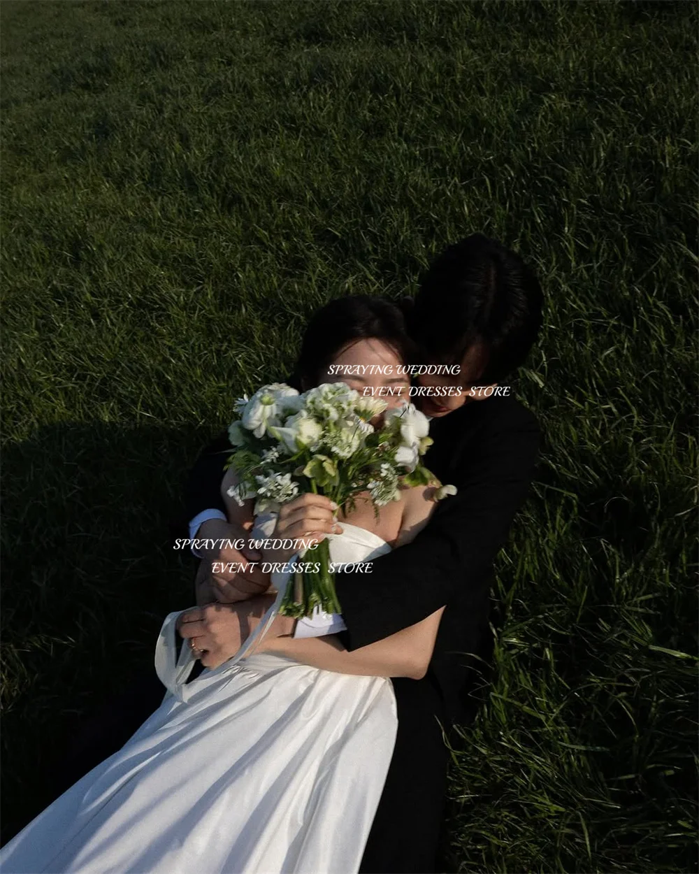 رش فستان زفاف بسيط من قماش التفتا كوريا صورة تبادل لاطلاق النار بدون حمالات مع شال زي العرائس مشد طويل واستدريس 2025 مخصص