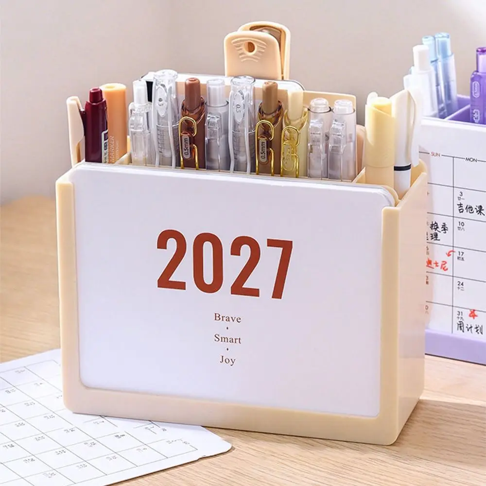 Space-Saving 2027 Desk Calendar Pen holder Plastic 3 Grids Makeup Brush Holder Lightwight October 2026 - December 2027