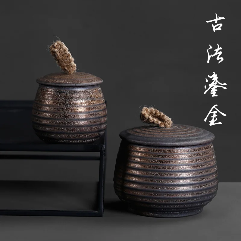 Stoneware Gilt Thread Tea Can Sealed Retro Creative Pu'er Tea Storage for Home Container Tea Jar