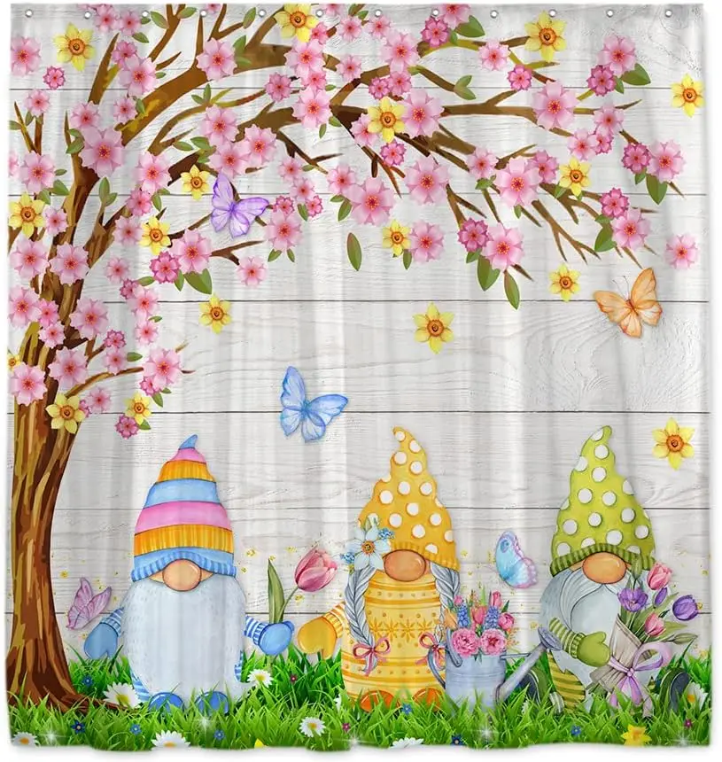 

Весенняя занавеска для душа с цветочным рисунком гномов и дизайном в виде дерева и бабочки, легкое в использовании полиэфирная ткань для милого дома для ванной