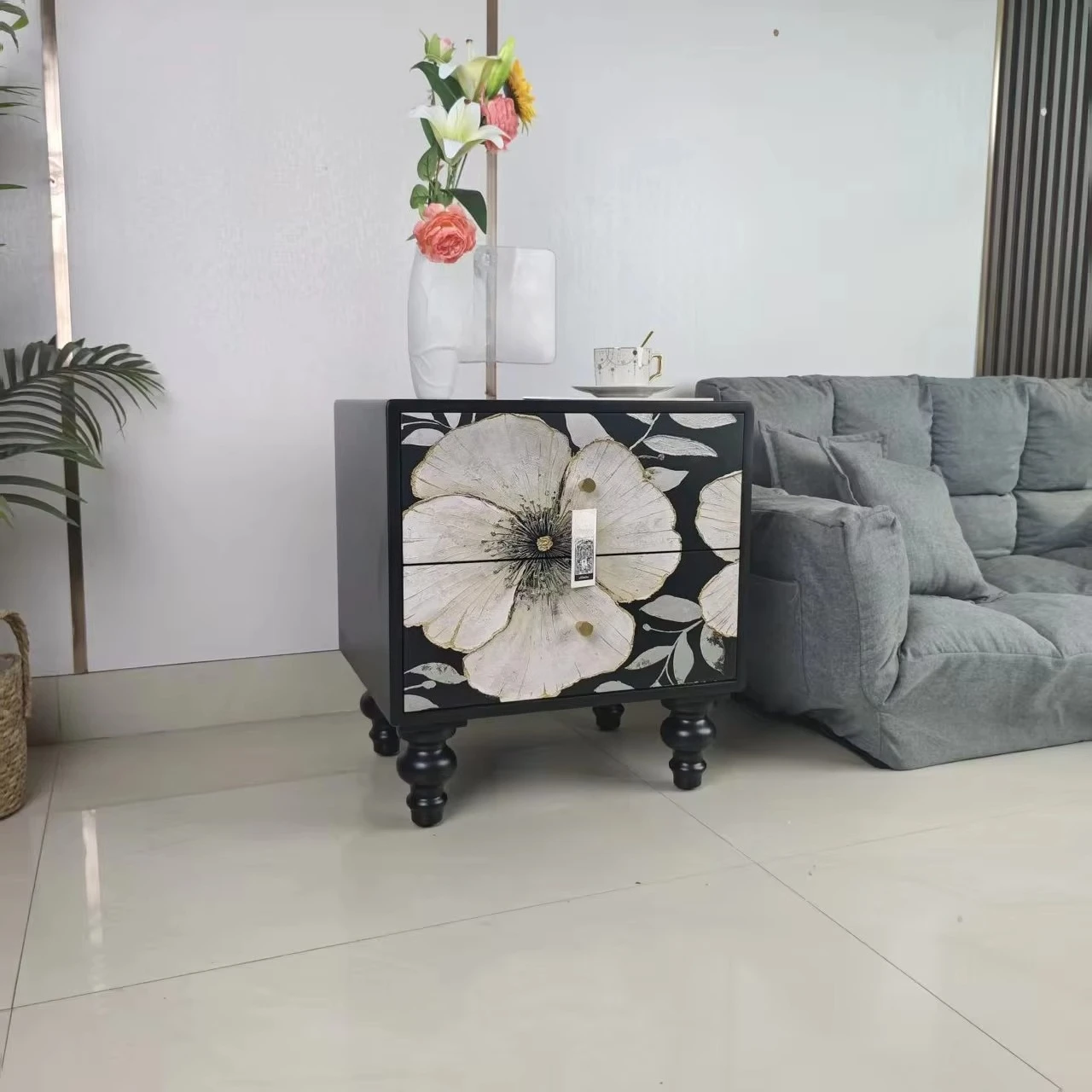 59X50X40CM Flower Black Modern Living Room Bedroom Wood Storage Cabinets Simple Small Chest Side Tea Table Dropshipping DDP