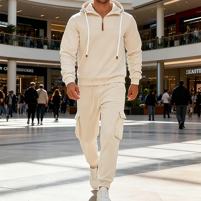 Men's Large-Sized Solid-Color Winter-Spring Casual Hooded Workwear Drawstring Long-Sleeved Pants Set Of High-Quality Clothing