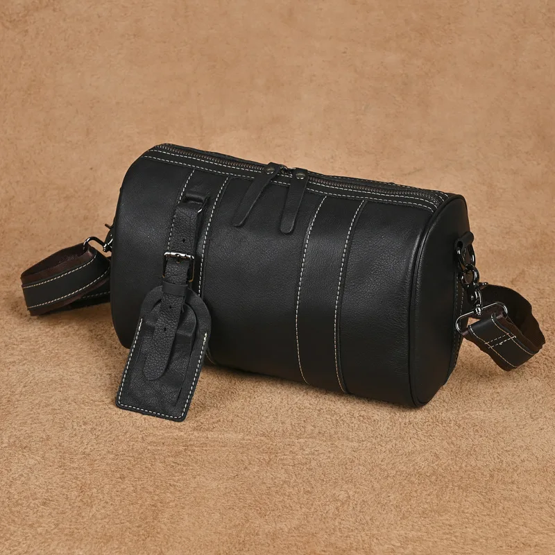 Men's Genuine Leather Crossbody Bag - Handmade First Layer Cowhide Pillow Sling Bag, Minimalist Cylinder Shoulder Purse