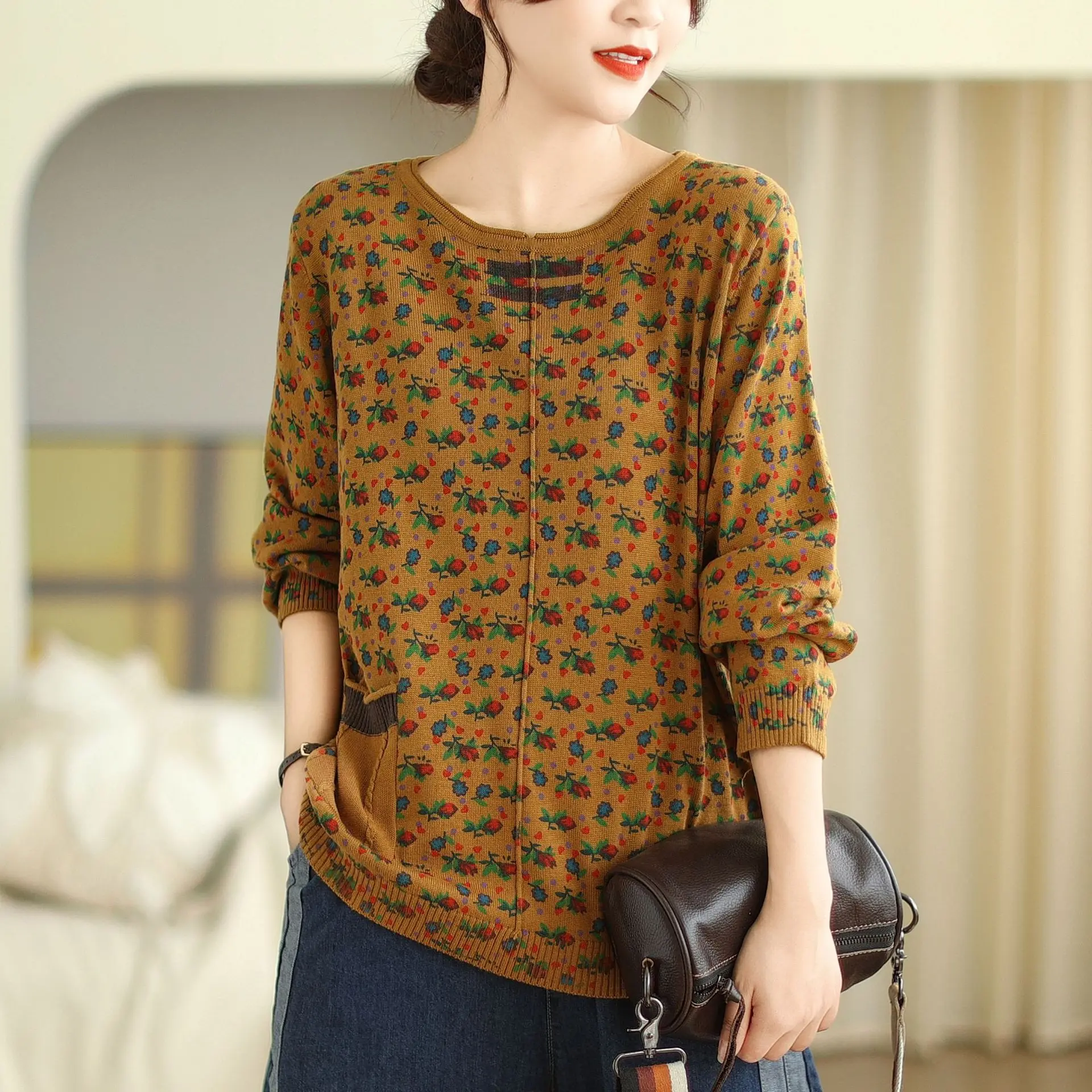 Cotton Flower Print Long Sleeve Knitted T-shirt Women's Spring Fall Fashion Loose Casual Elegant Knitwear Female Vintage Clothes